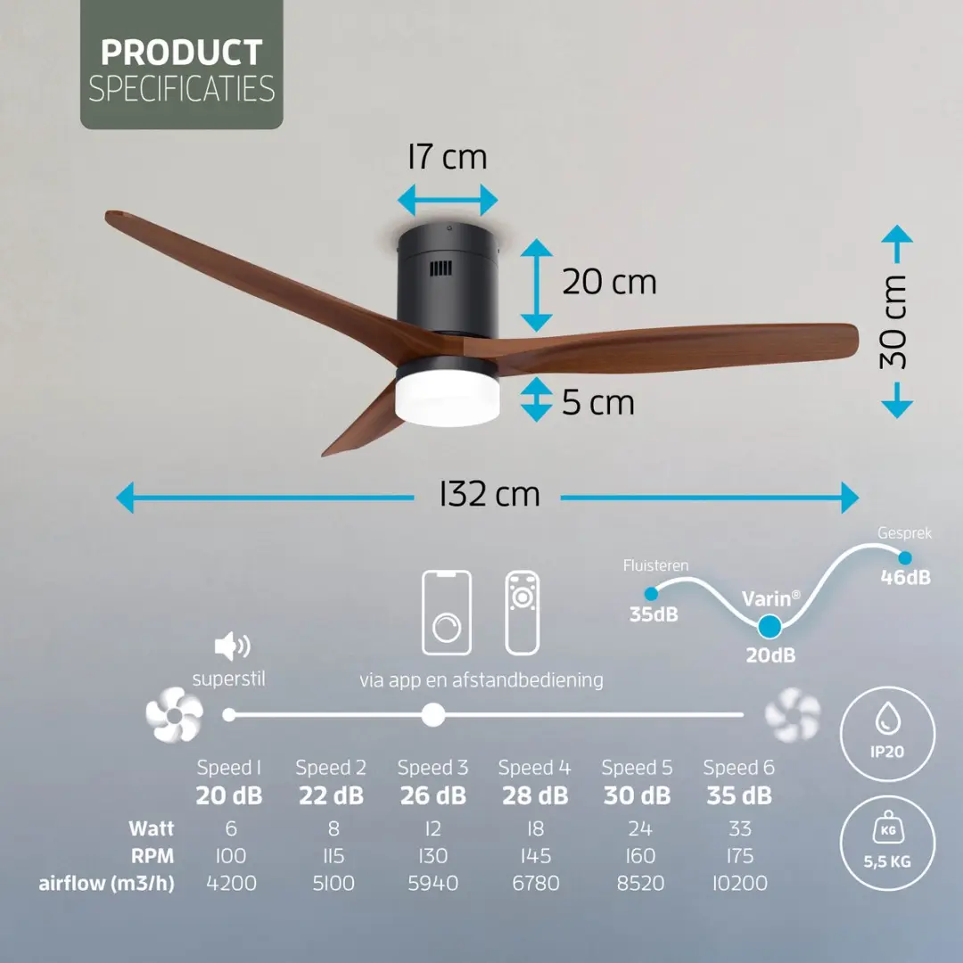 Varin Smart Ventilator VA-E002L Plafondventilator - 35W - Ø132cm - Verwarming/Verkoeling - Walnoot