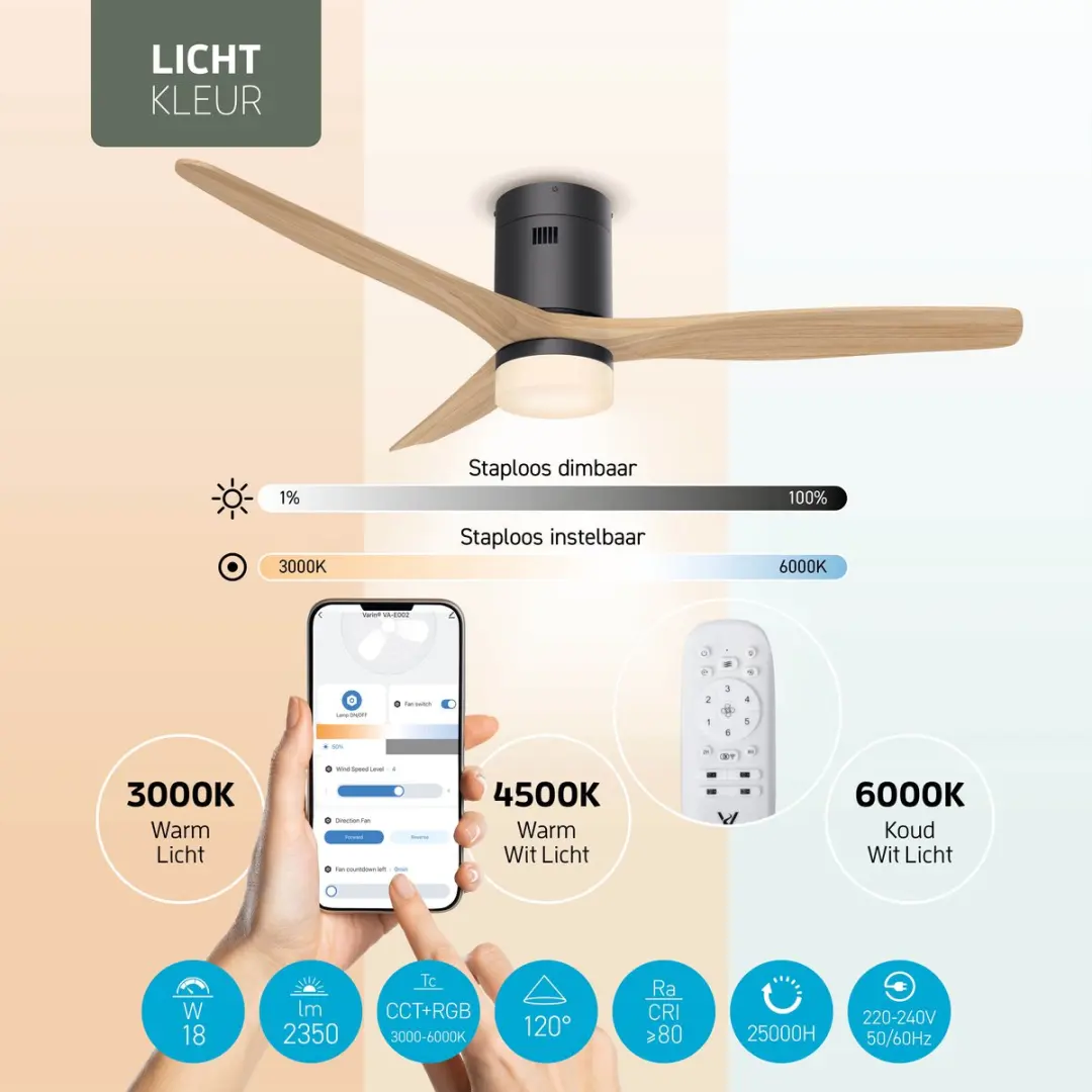 Varin Smart Ventilator VA-E002L Plafondventilator - 35W - Ø132cm - Zwart/Naturel
