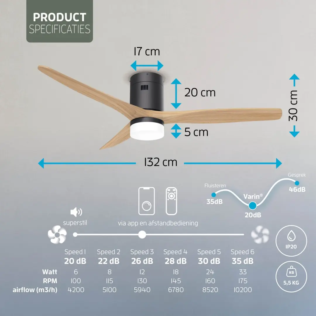 Varin Smart Ventilator VA-E002L Plafondventilator - 35W - Ø132cm - Zwart/Naturel