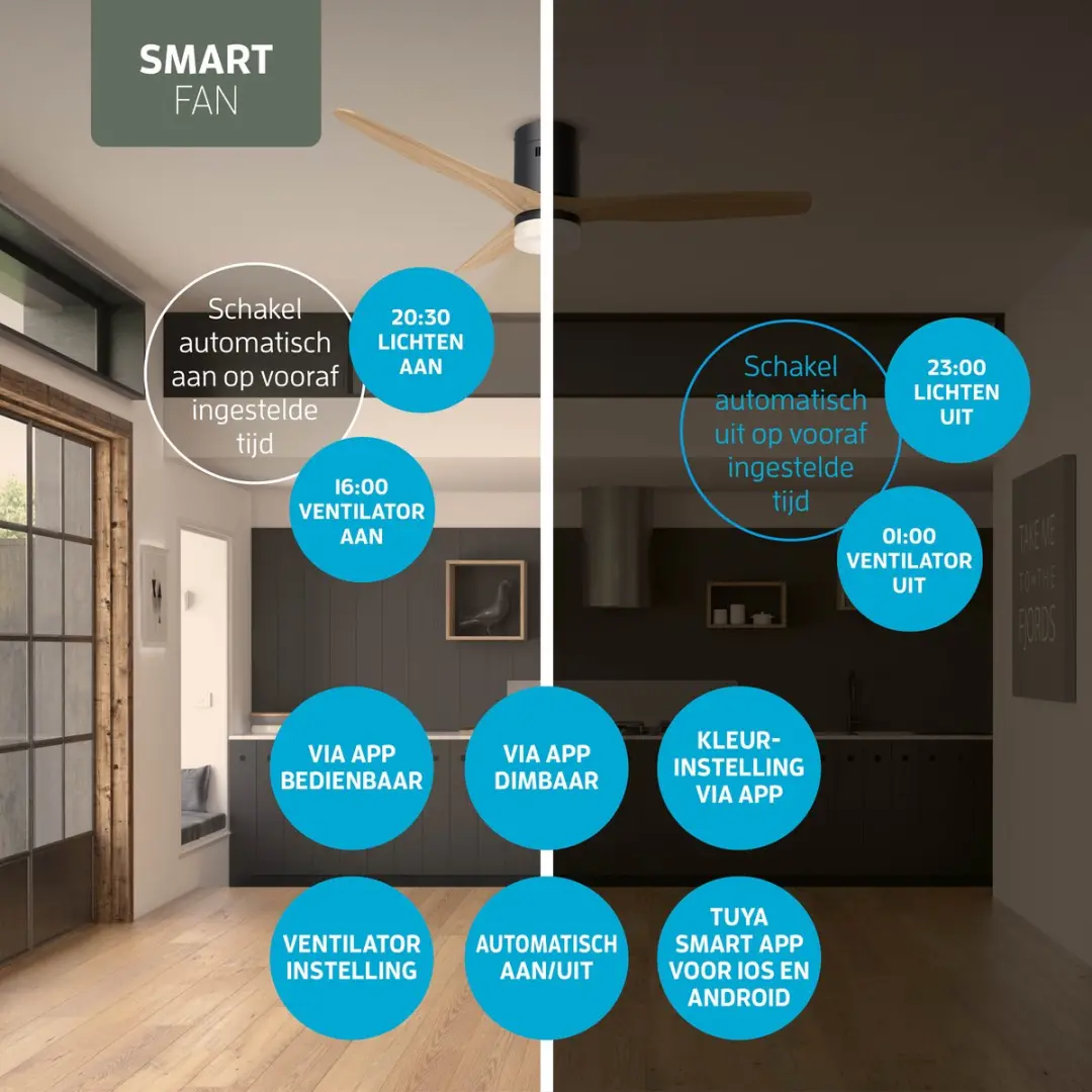 Varin Smart Ventilator VA-E002L Plafondventilator - 35W - Ø132cm - Zwart/Naturel