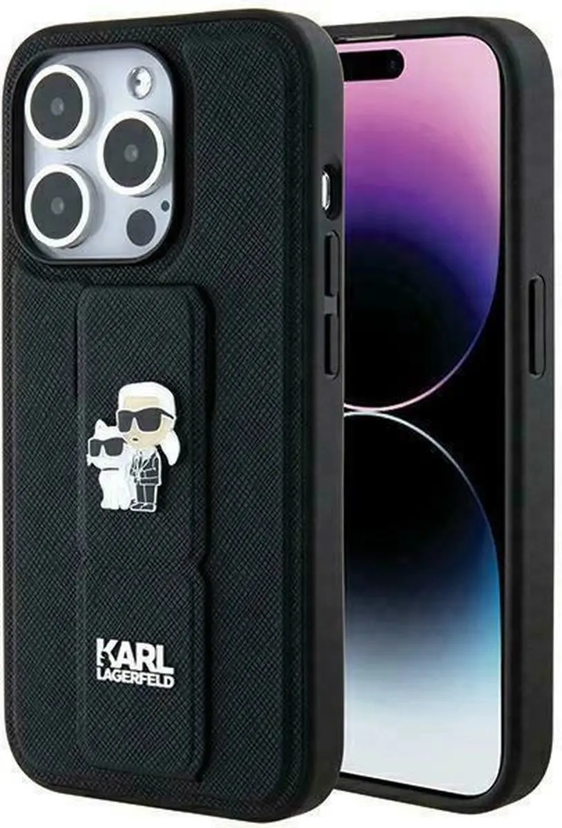 Karl Lagerfeld Gripstand Saffiano Karl&Choupette Hoesje iPhone - Zwart
