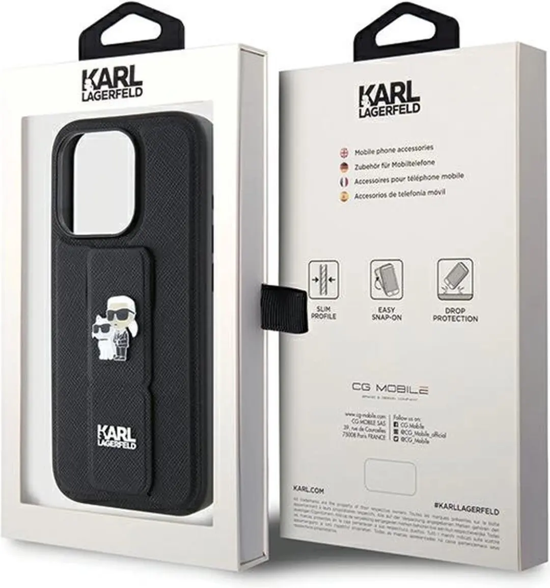 Karl Lagerfeld Gripstand Saffiano Karl&Choupette Hoesje iPhone 14 Pro Max - Zwart