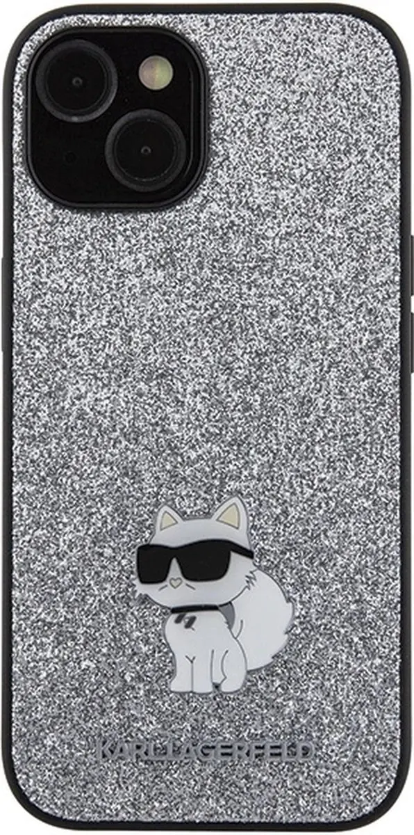 Karl Lagerfeld Fixed Glitter Choupette Logo Hoesje iPhone 15 - Zilver