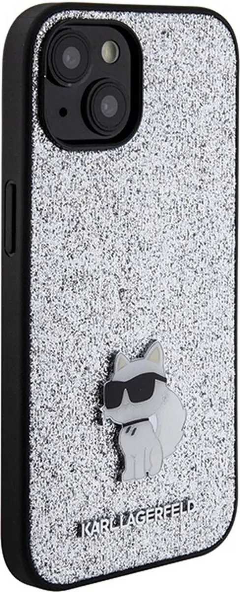 Karl Lagerfeld Fixed Glitter Choupette Logo Hoesje iPhone 15 - Zilver