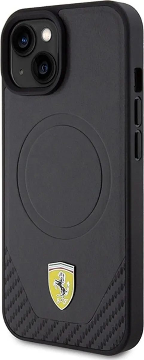 Ferrari PU Leather Carbon iPhone 15 Hoes - Zwart - MagSafe - afbeelding 6 van 6