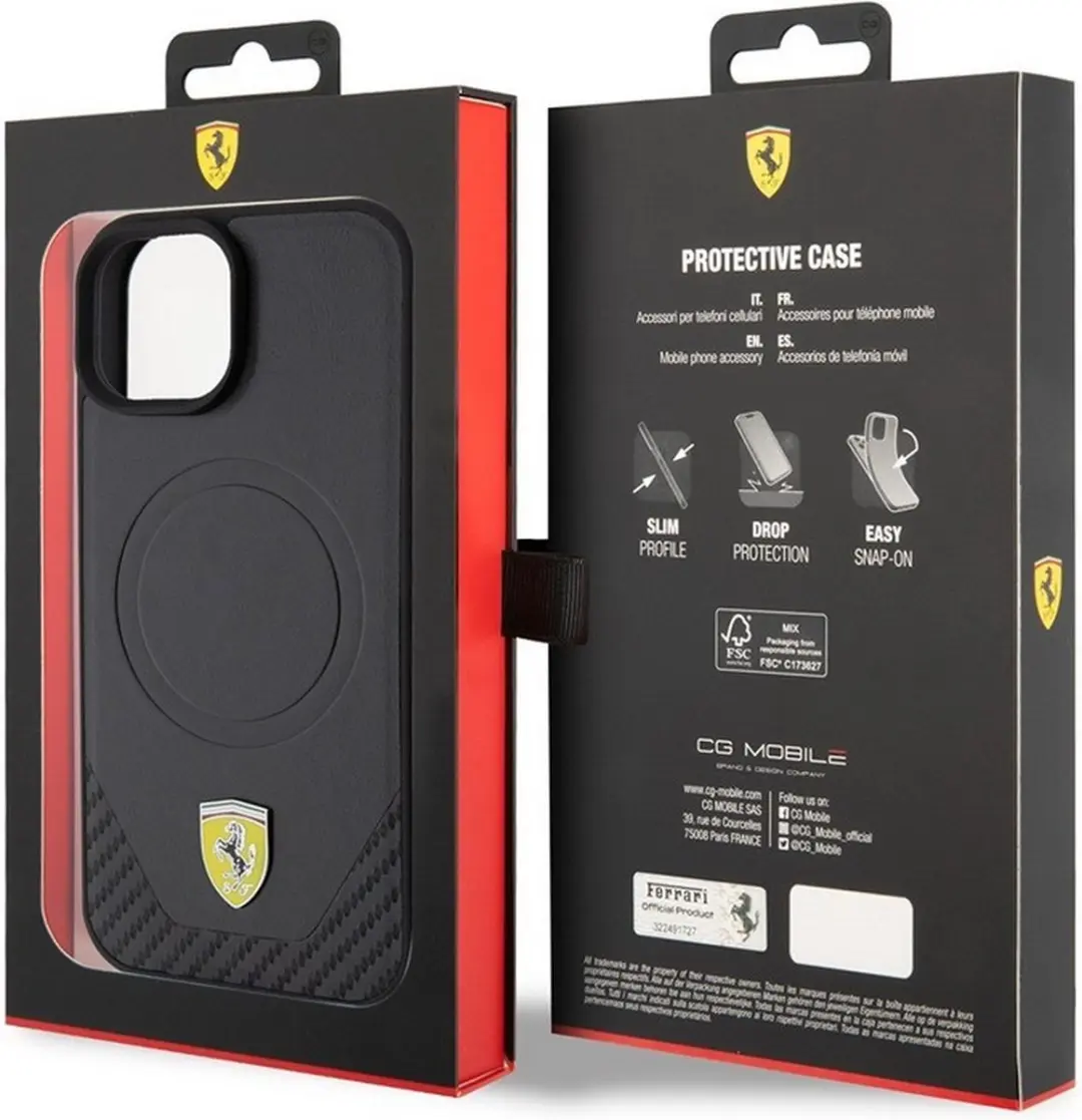 Ferrari PU Leather Carbon iPhone 15 Hoes - Zwart - MagSafe
