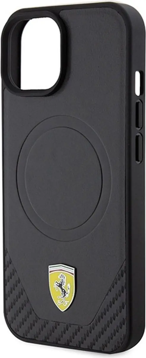 Ferrari PU Leather Carbon iPhone 15 Hoes - Zwart - MagSafe