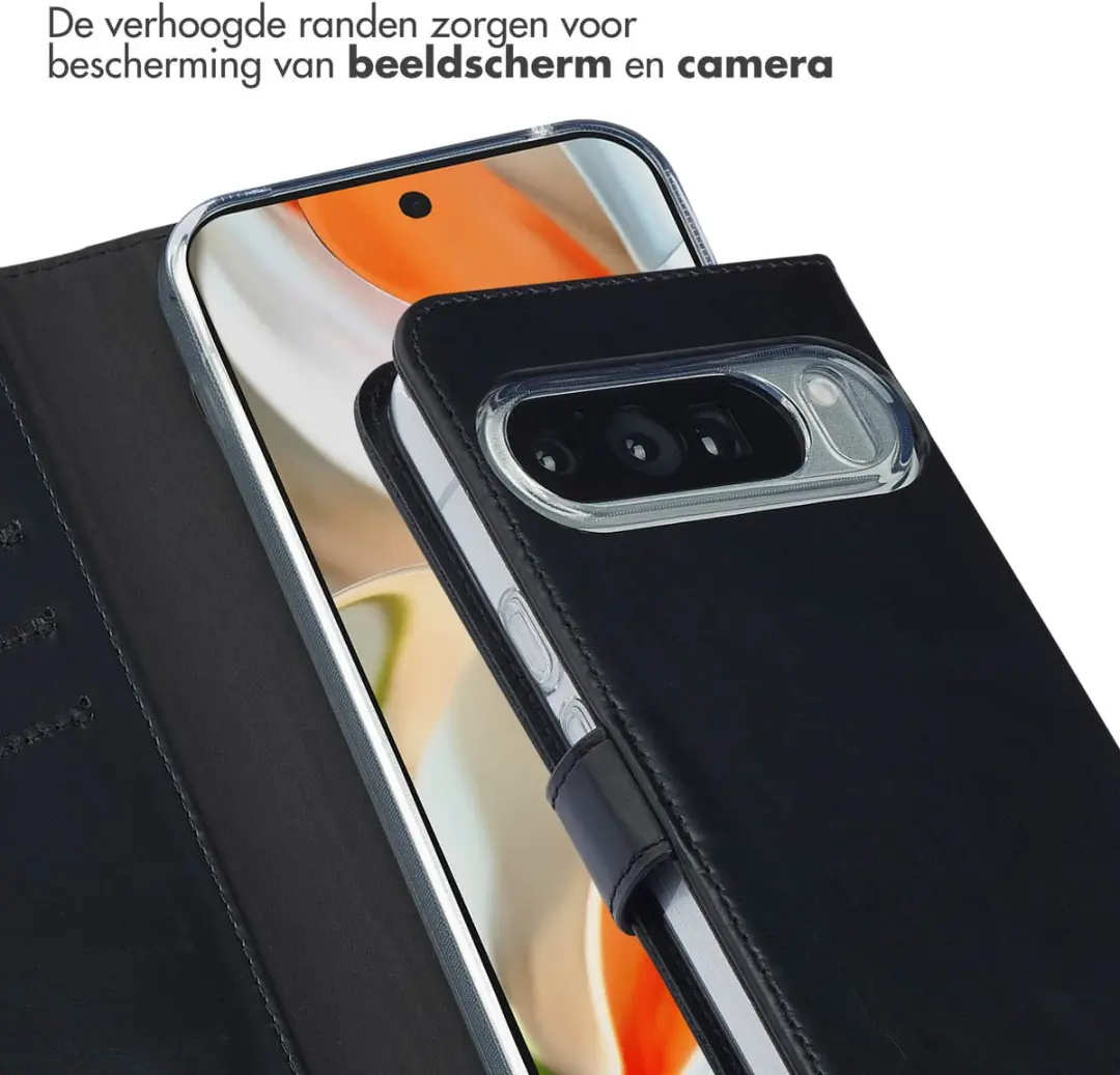 Selencia Hoesje Google Pixel 10 Pro XL - Echt Lederen Bookcase - 3 Pasjes - Zwart - afbeelding 6 van 6