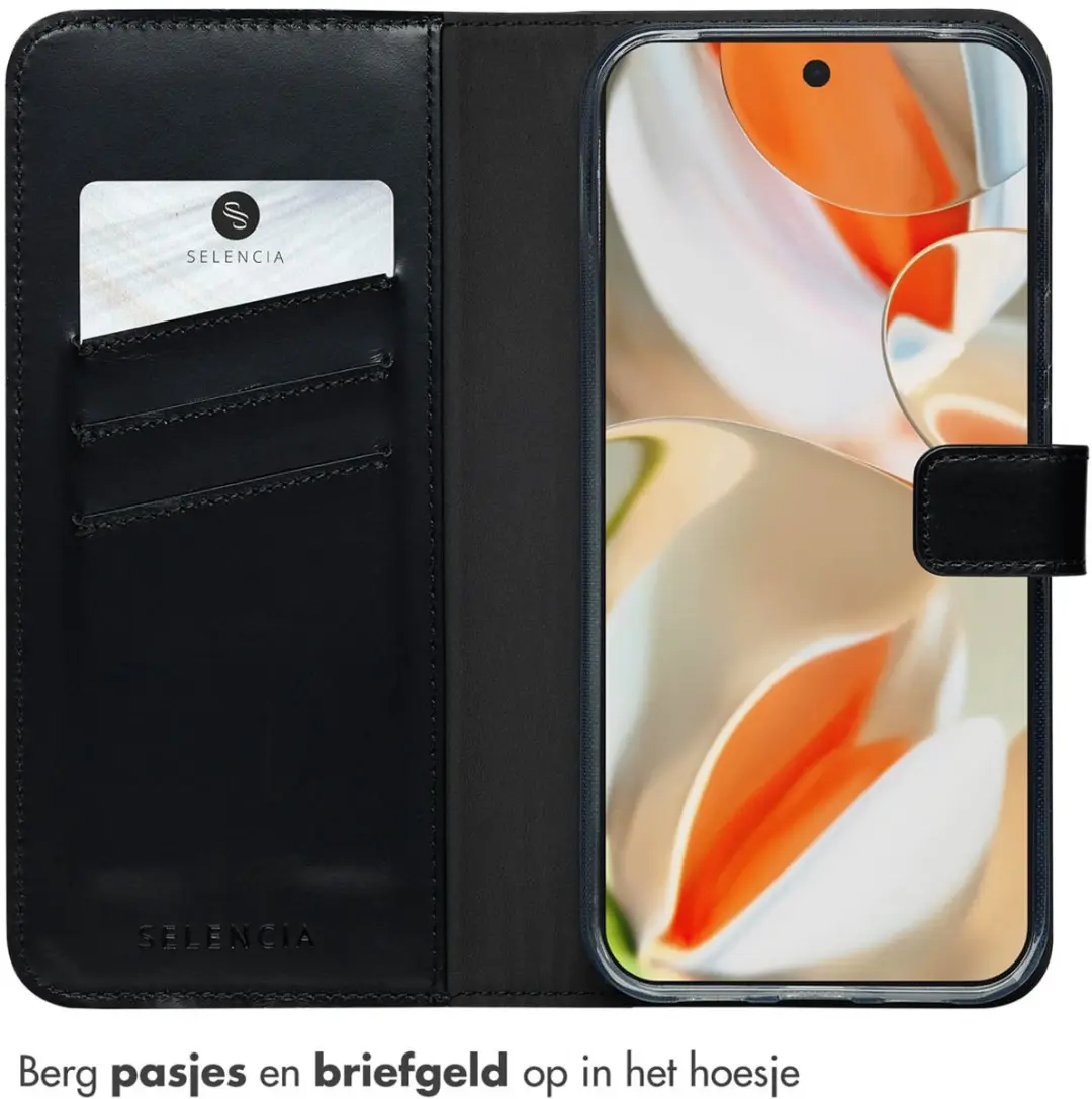 Selencia Hoesje Google Pixel 10 Pro XL - Echt Lederen Bookcase - 3 Pasjes - Zwart
