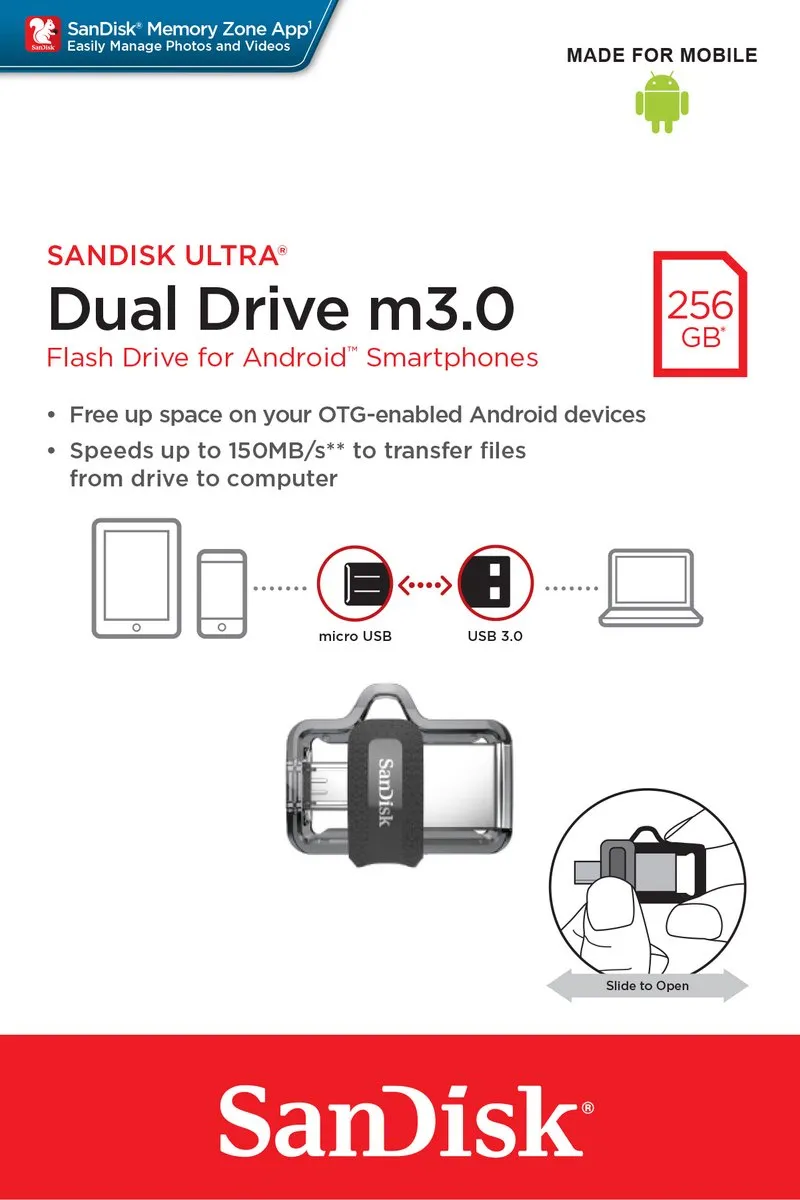 SanDisk Ultra Dual Drive m3.0 USB-stick 256GB - Micro