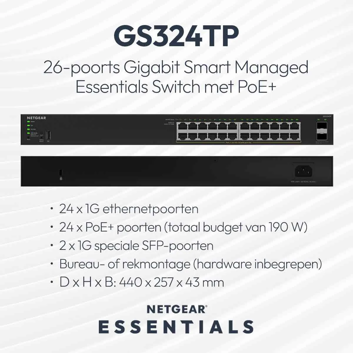 Netgear GS324TP Smart Managed Switch 24x PoE+ Gigabit - Zwart