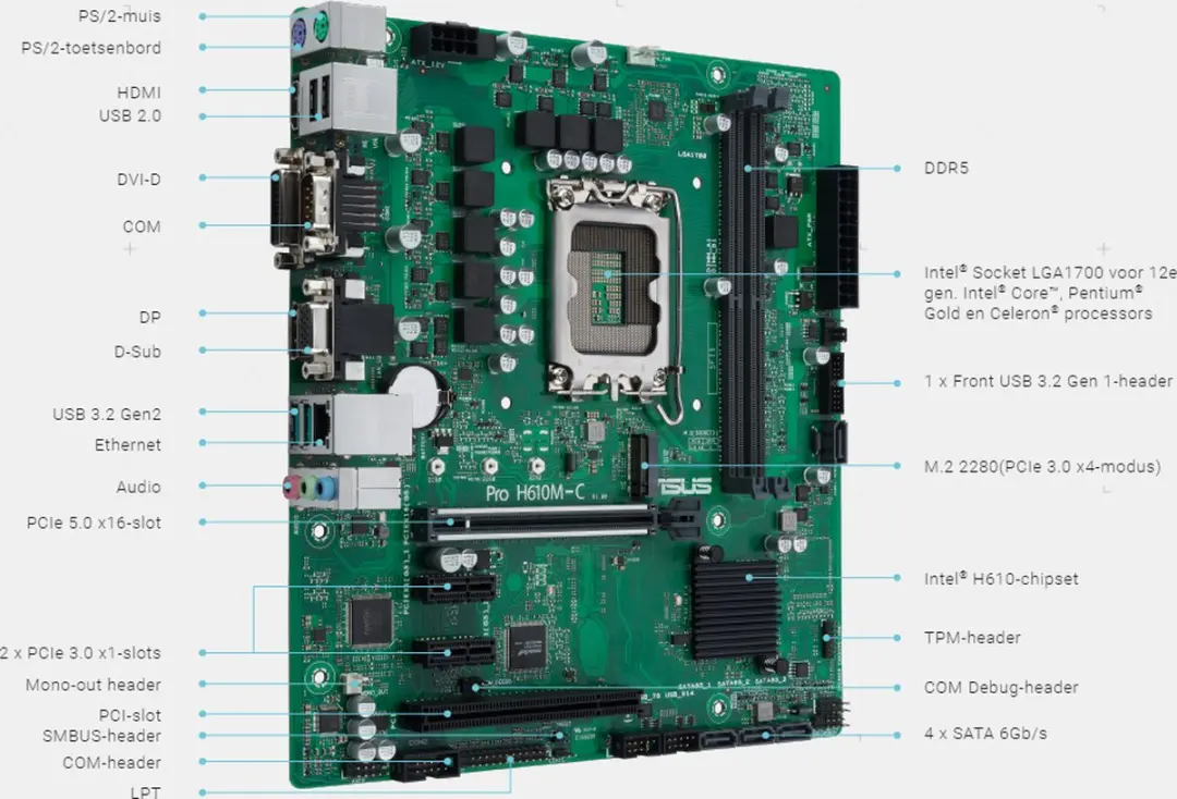 ASUS Pro H610M-C-CSM Moederbord - microATX - LGA1700 - H610 - Groen