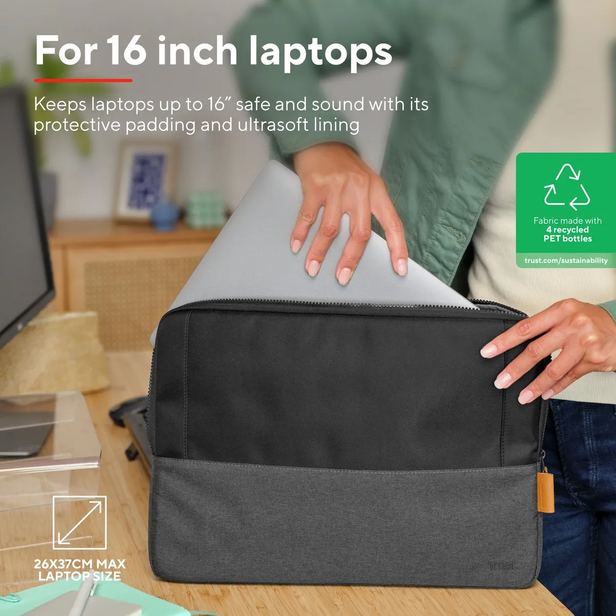 Trust Lisboa Laptophoes 16 inch - Gerecycled - Zwart