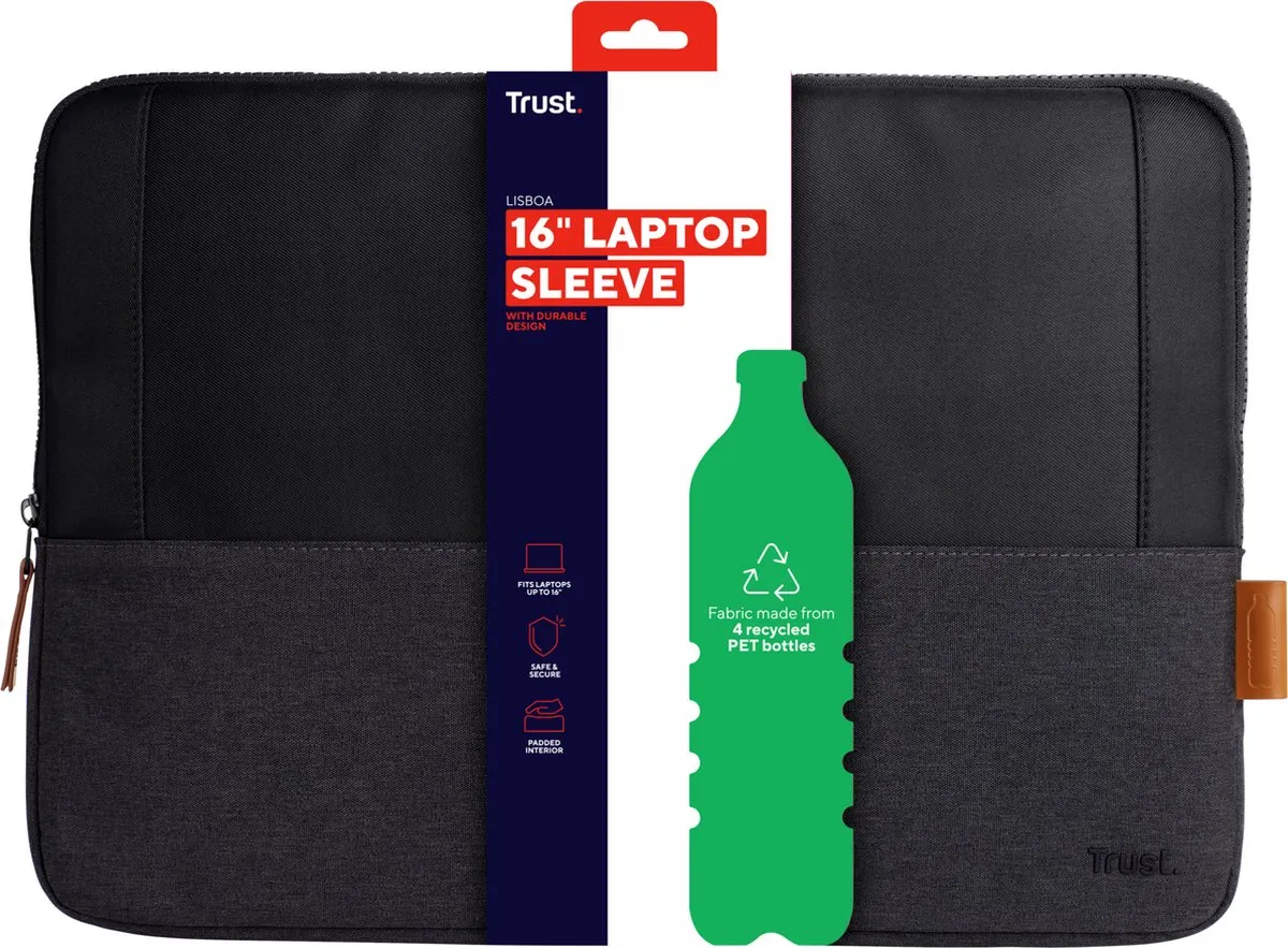 Trust Lisboa Laptophoes 16 inch - Gerecycled - Zwart