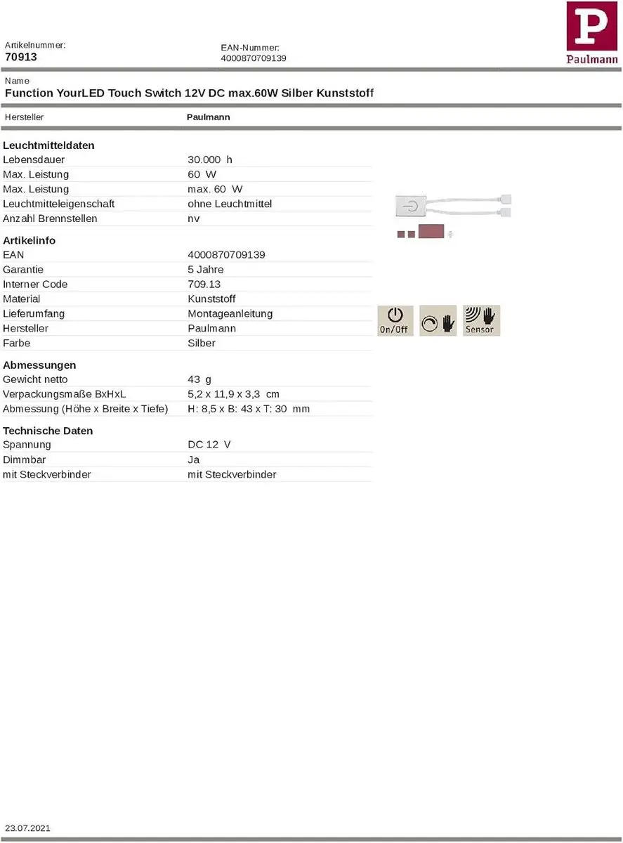 Paulmann 70913 Touchswitch 12V - 60W - Zilver