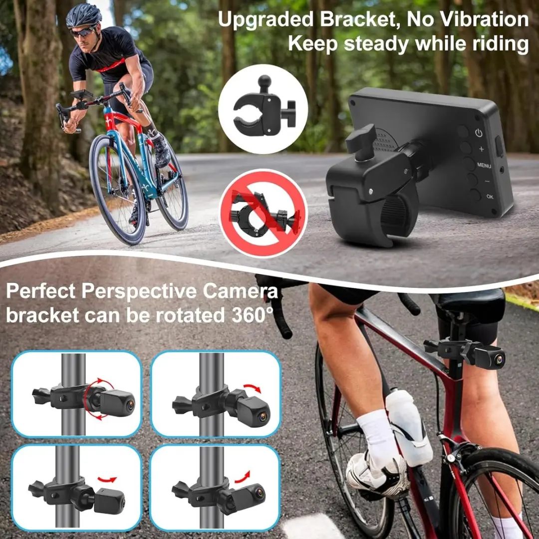 ECTEATOY Fietsachteruitkijkspiegel met Camera 4.3" AHD - 1080p - 360° Instelbaar - Nachtzicht
