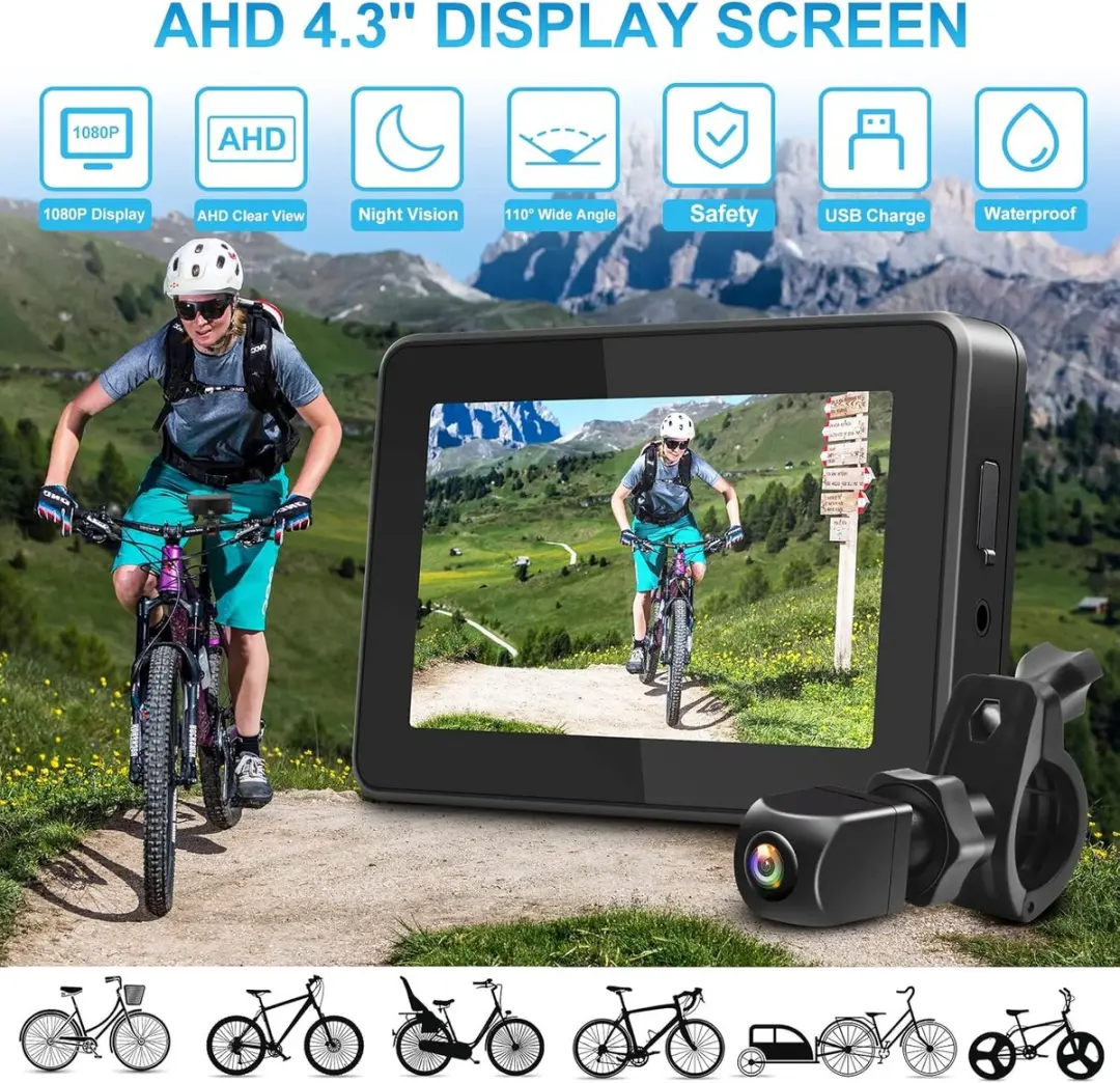 ECTEATOY Fietsachteruitkijkspiegel met Camera 4.3" AHD - 1080p - 360° Instelbaar - Nachtzicht