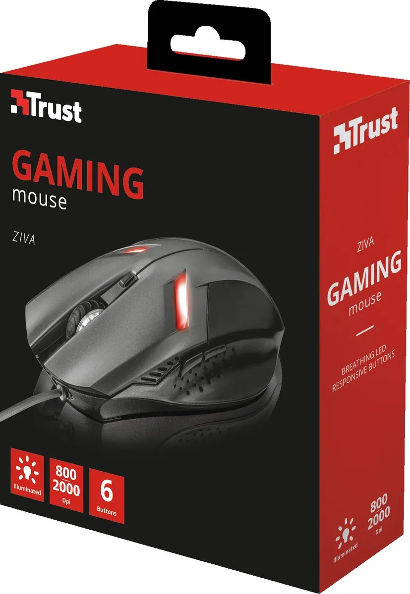 Trust ZIVA Gaming Muis 21512 - 6 Knoppen - 2000 DPI - Zwart