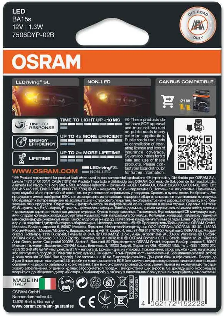Osram P21W LED Retrofit Oranje BA15s 12V - 2 Stuks