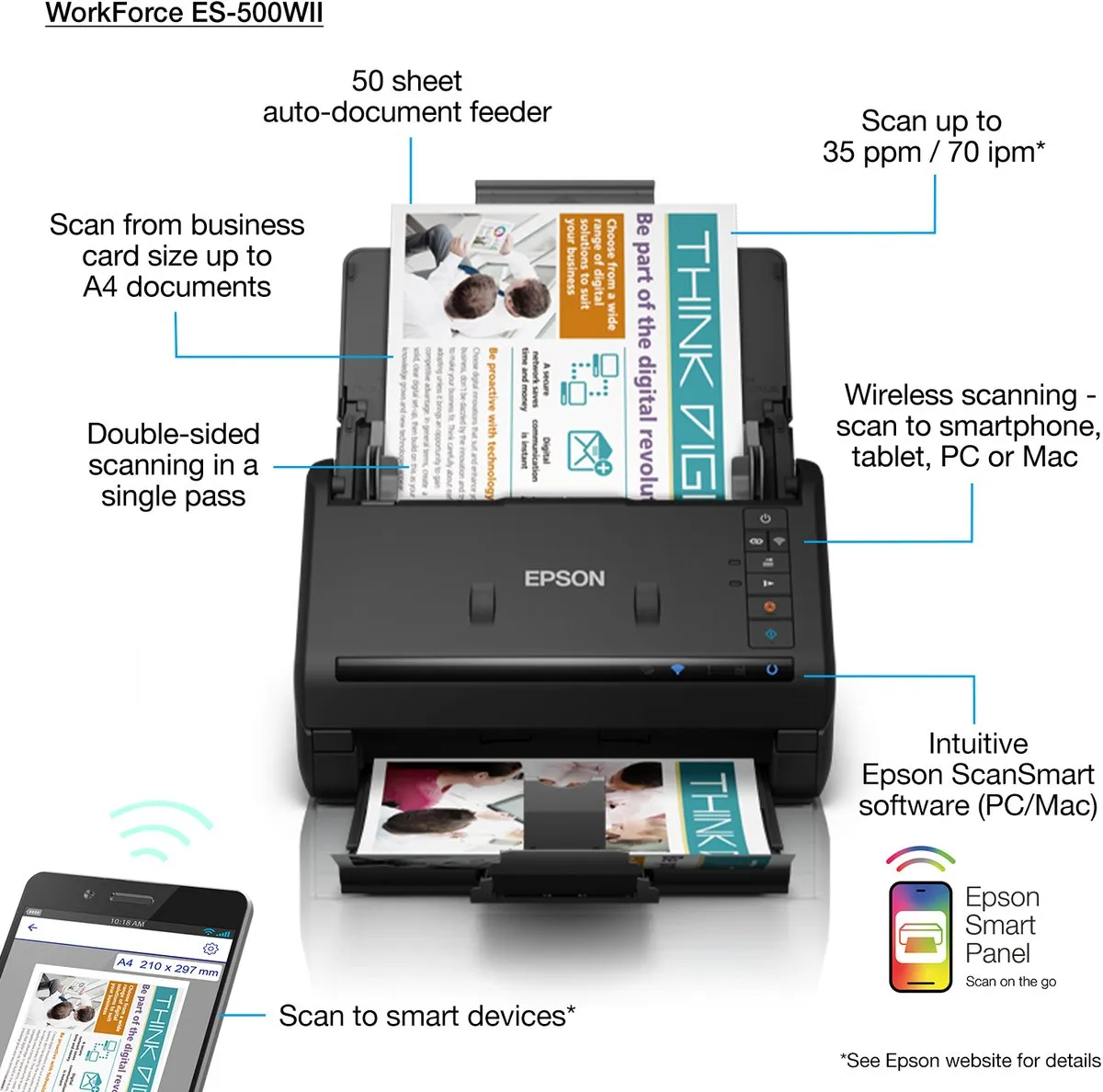 Epson WorkForce ES-500WII Scanner A4 - Wi-Fi - Zwart