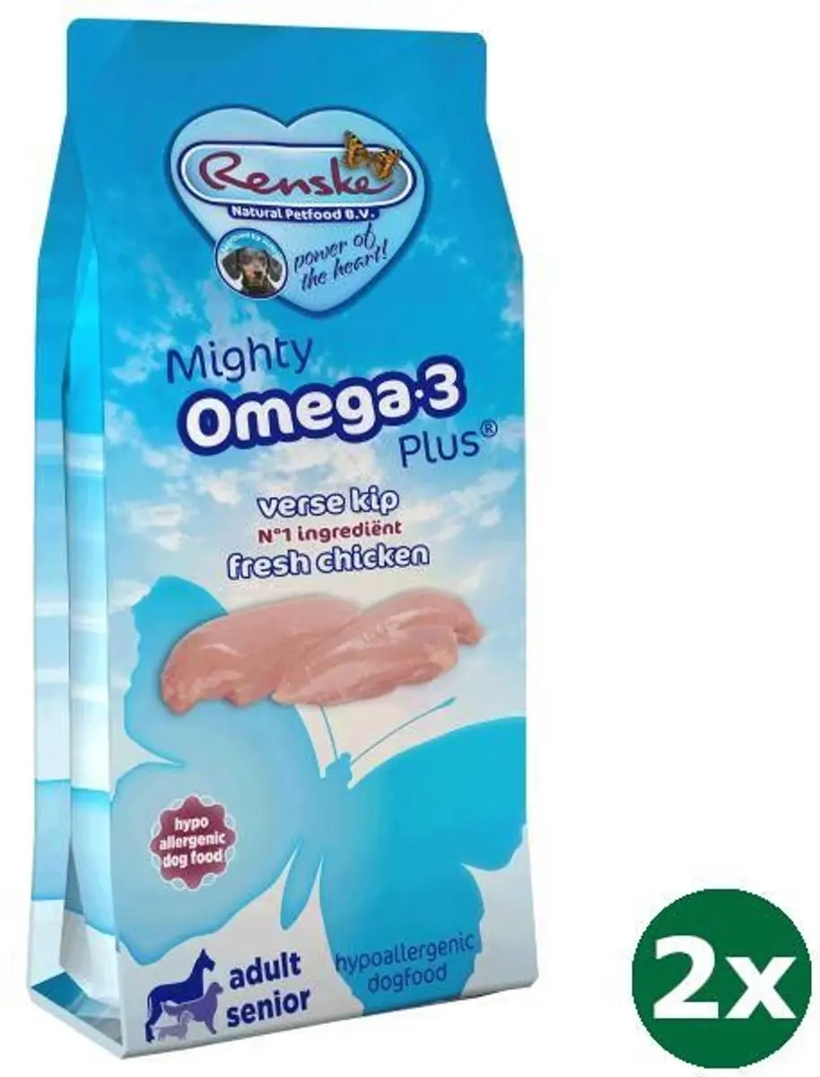Renske Mighty Omega Plus Adult/Senior Kip & Rijst 24kg (2x12kg)