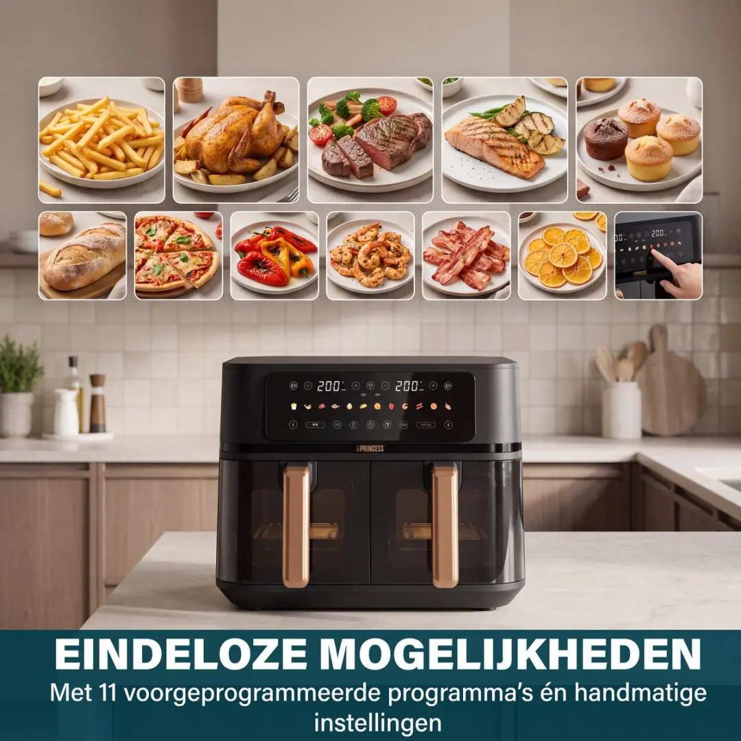 Princess 182272 Dubbele Airfryer 3100W - 2x 4,5L - 12 Programma's - Zwart