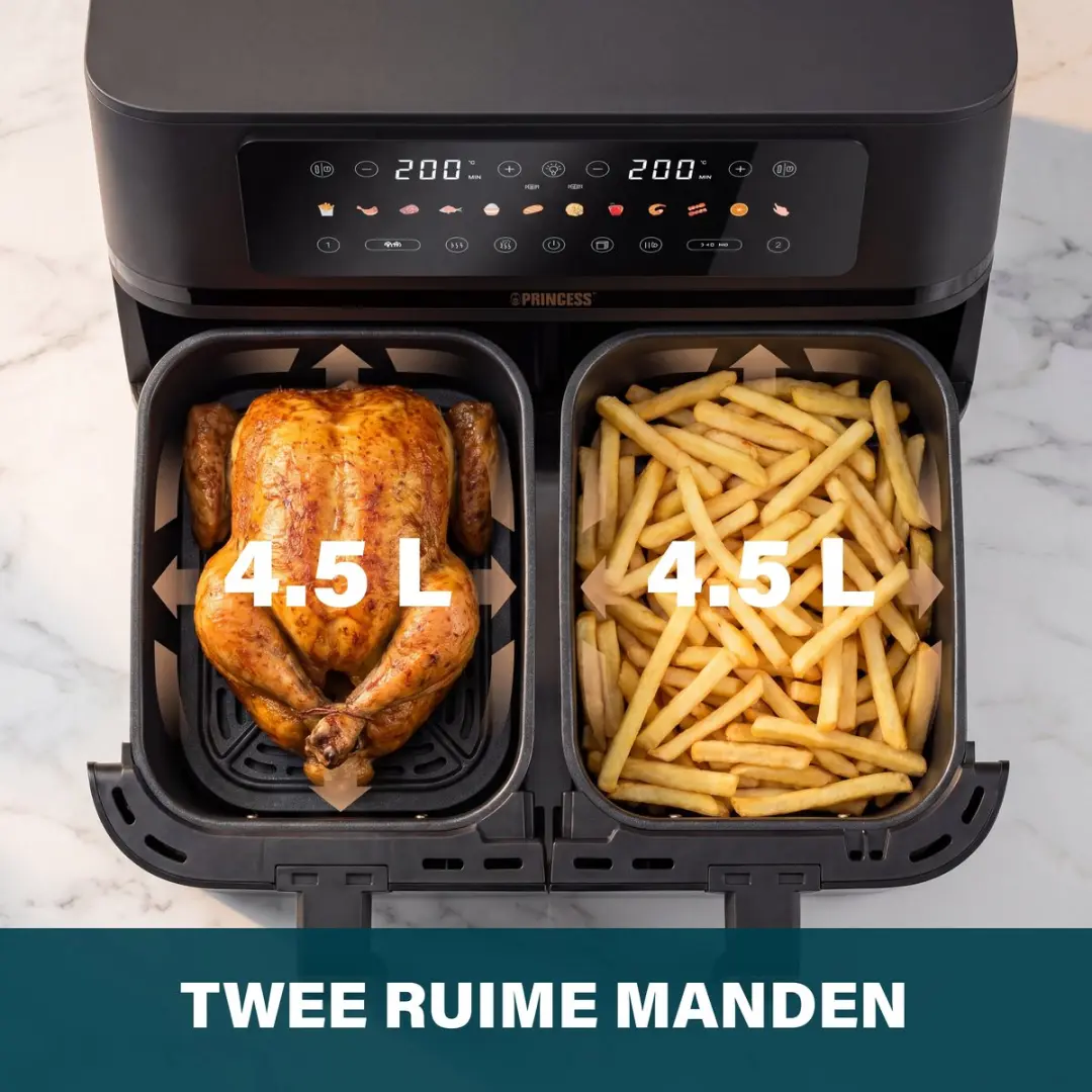 Princess 182272 Dubbele Airfryer 3100W - 2x 4,5L - 12 Programma's - Zwart