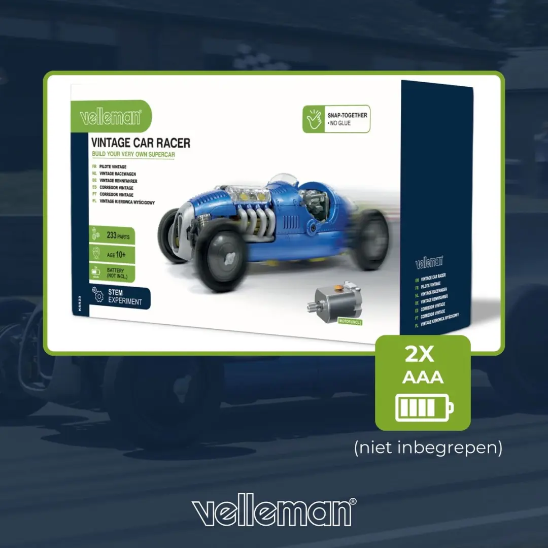 Velleman Blauwe Retro Racewagen Bouwpakket - STEM Kit 233 Onderdelen