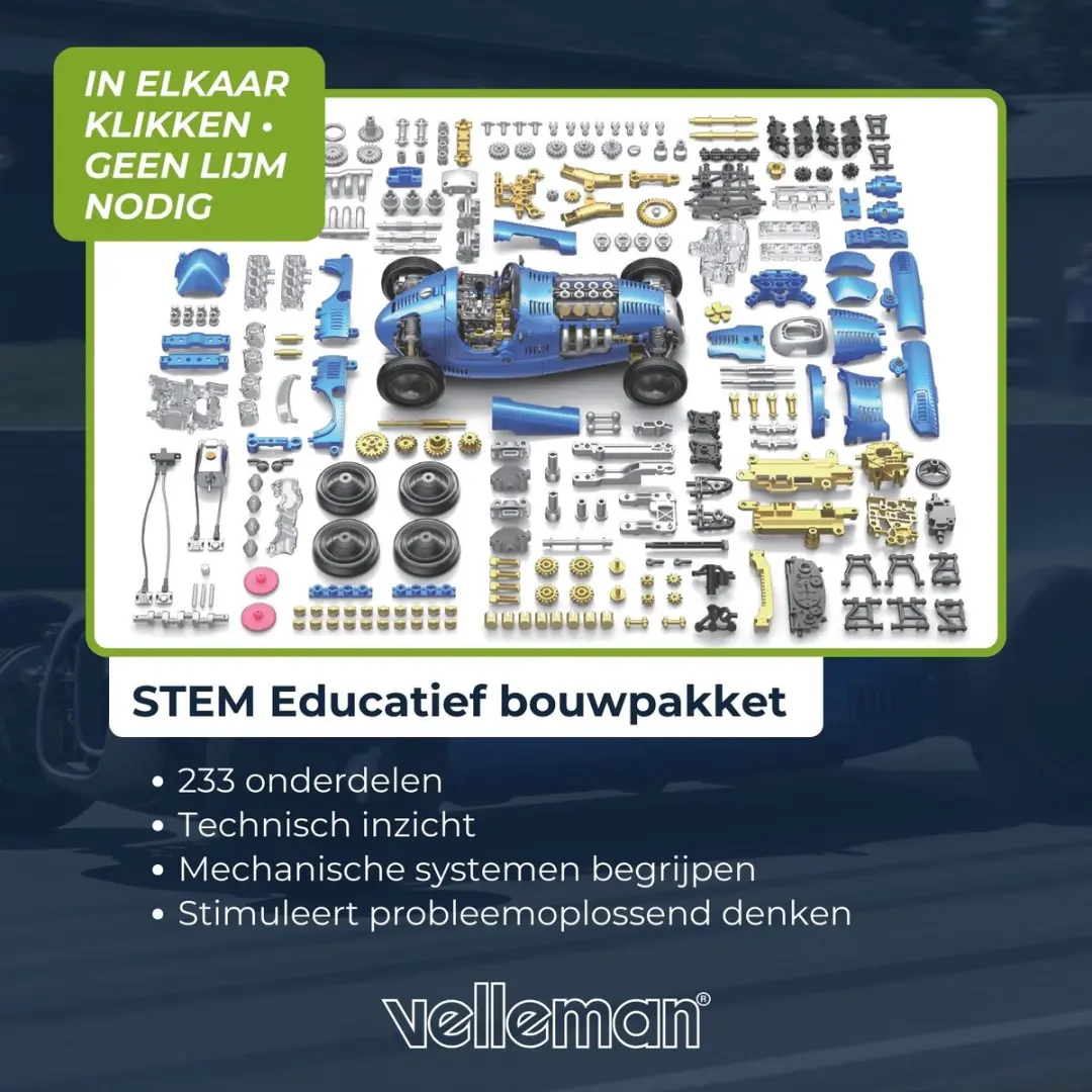Velleman Blauwe Retro Racewagen Bouwpakket - STEM Kit 233 Onderdelen - afbeelding 6 van 6