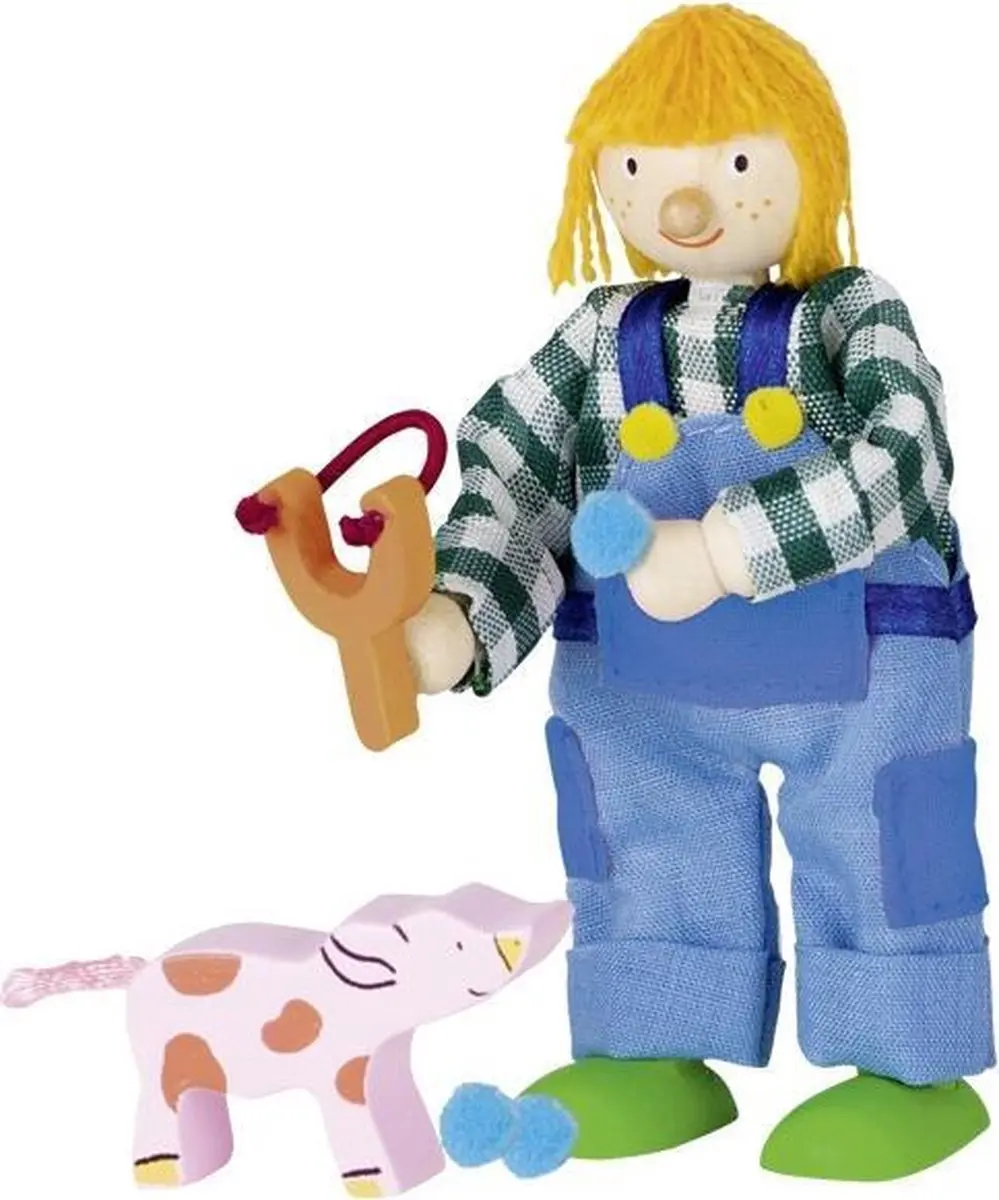 Goki Houten Buigpopje Boerenjongen 9,5cm - Licht Blauw/ Groen/ Roze