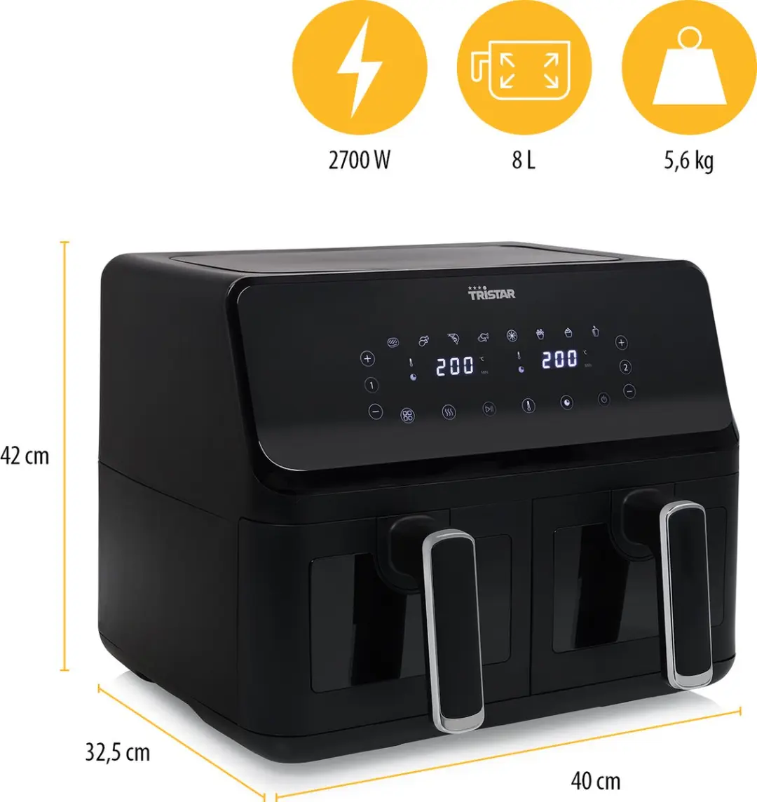 Tristar FR-9037 Double Airfryer XXL 6,2L - 10 Programma's - Zwart