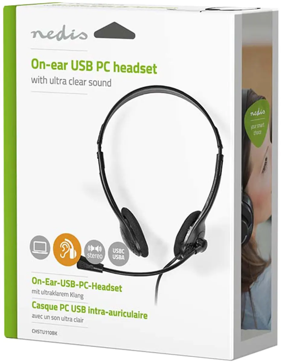 Nedis PC-Headset CHSTU110BK - Stereo - USB-A/USB-C - Opvouwbare microfoon - Zwart
