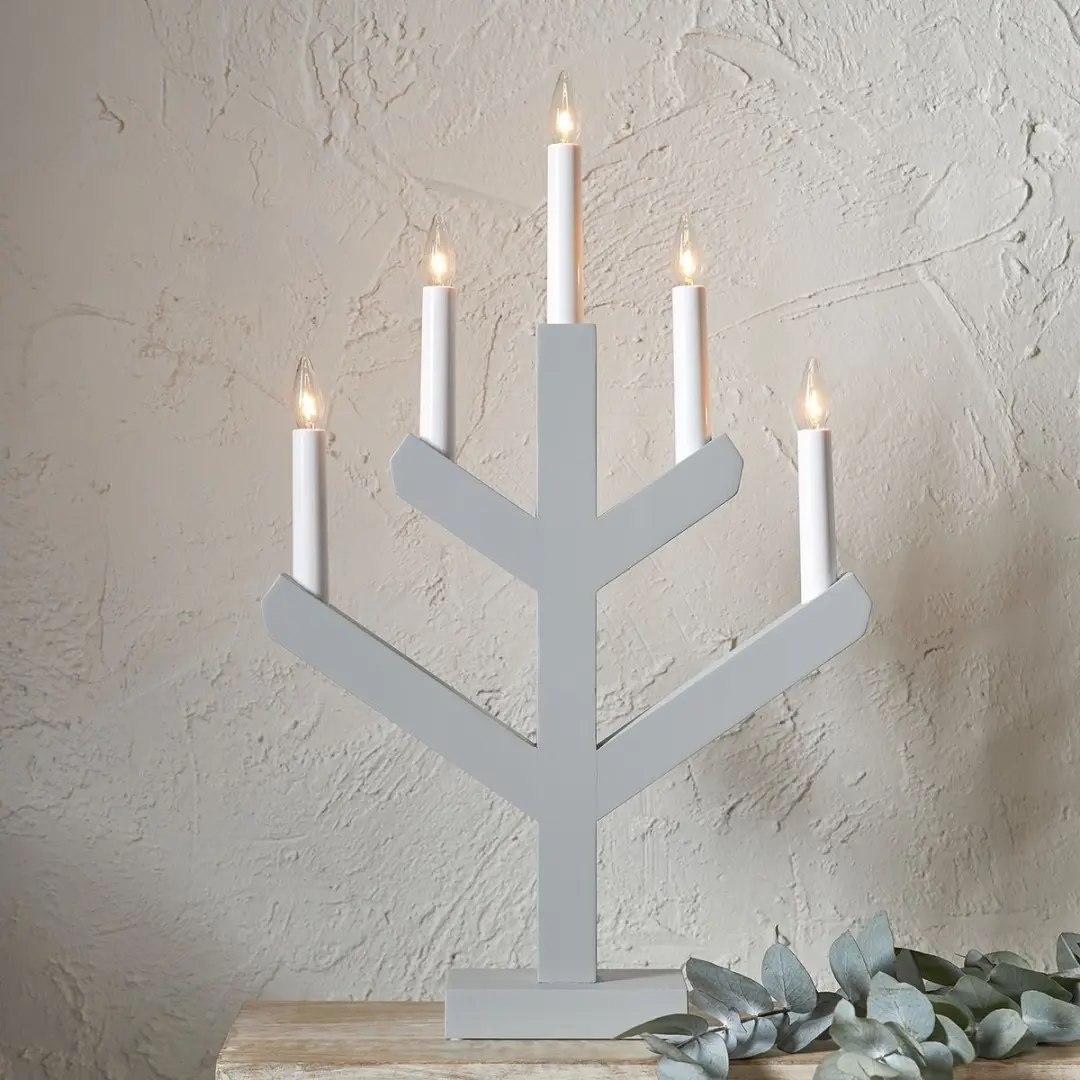 Star Trading Vinga Houten Kandelaar - 5 LED Kaarsen Grijs 50cm