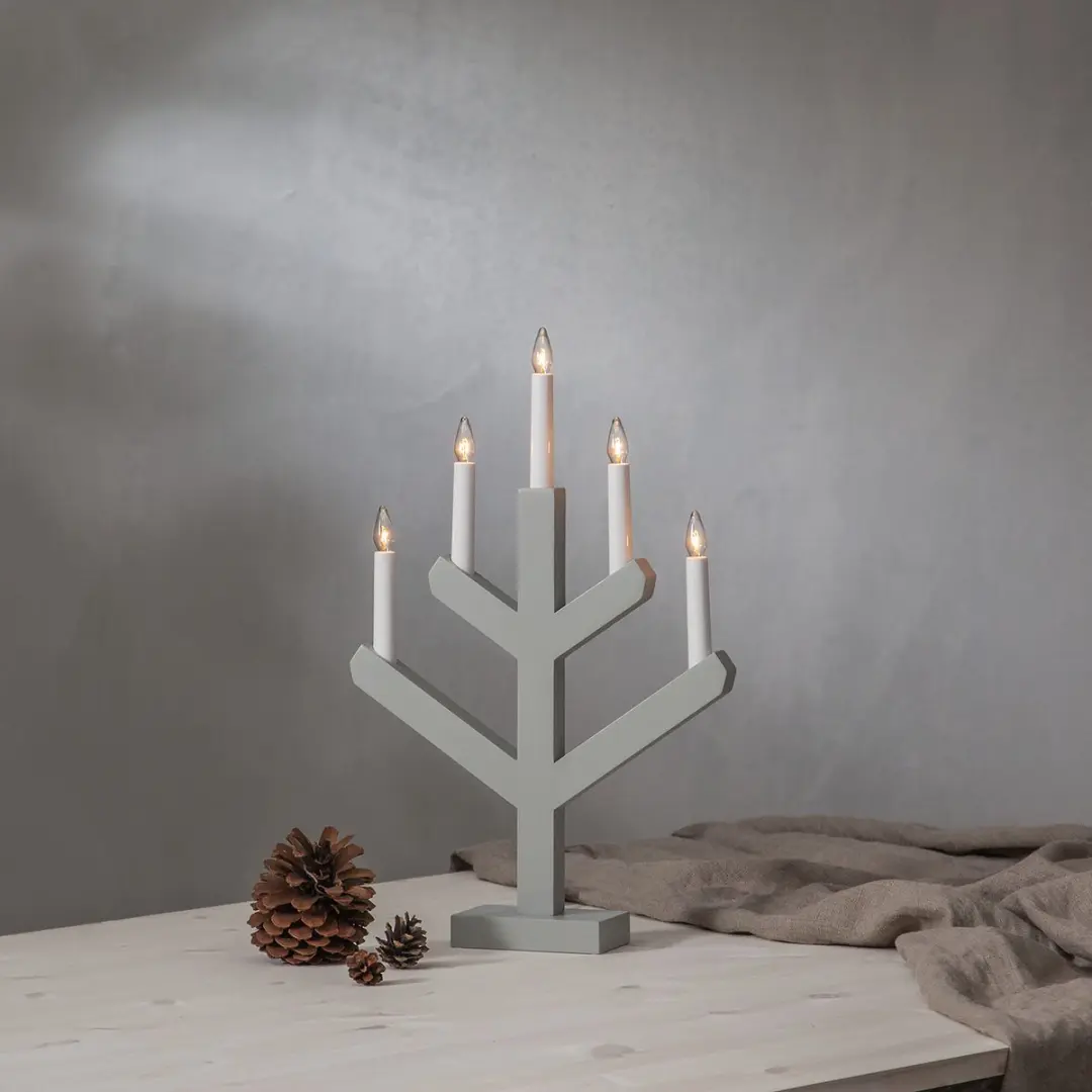 Star Trading Vinga Houten Kandelaar - 5 LED Kaarsen Grijs 50cm
