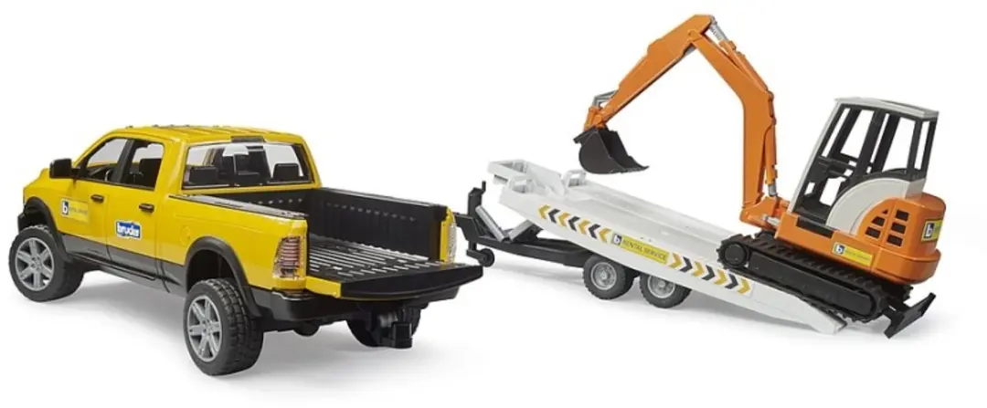 Bruder BF2546 Ram 2500 Power Wagen met Aanhangwagen & Minibagger - Meerkleurig