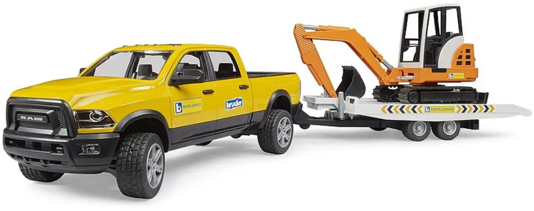 Bruder BF2546 Ram 2500 Power Wagen met Aanhangwagen & Minibagger - Meerkleurig