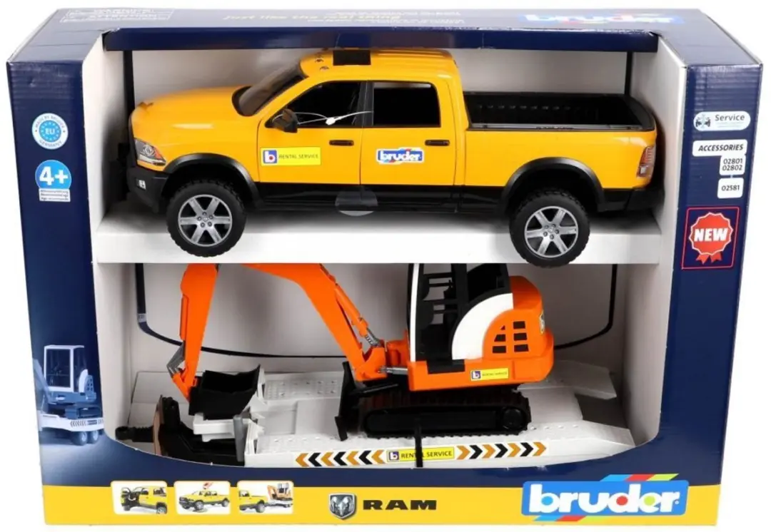 Bruder BF2546 Ram 2500 Power Wagen met Aanhangwagen & Minibagger