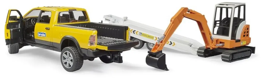 Bruder BF2546 Ram 2500 Power Wagen met Aanhangwagen & Minibagger - Meerkleurig