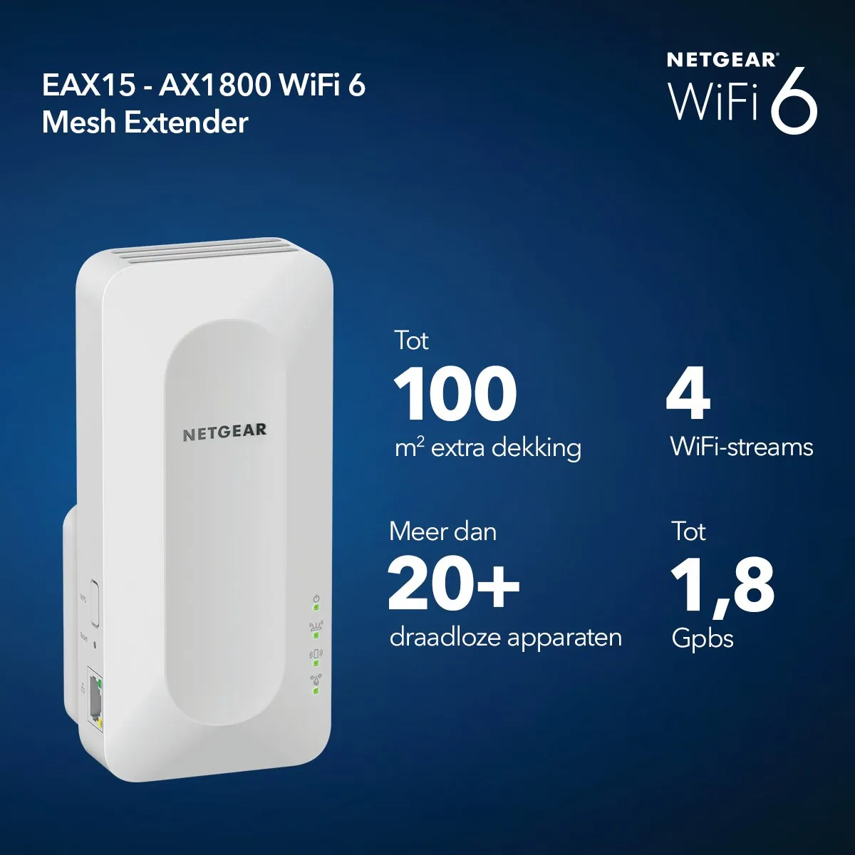 Netgear Nighthawk EAX15 Mesh WiFi Repeater - WiFi 6 - 1800 Mbps - Wit