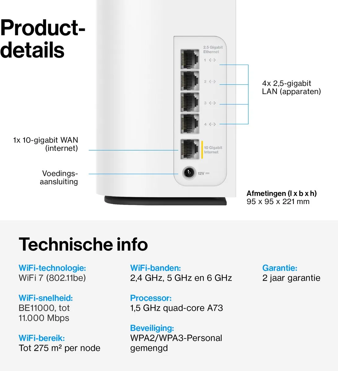 Linksys Velop Pro 7 10G - Mesh WiFi - Tri-Band - WiFi 7 Router - 11000 Mbps - 1-Pack - Wit