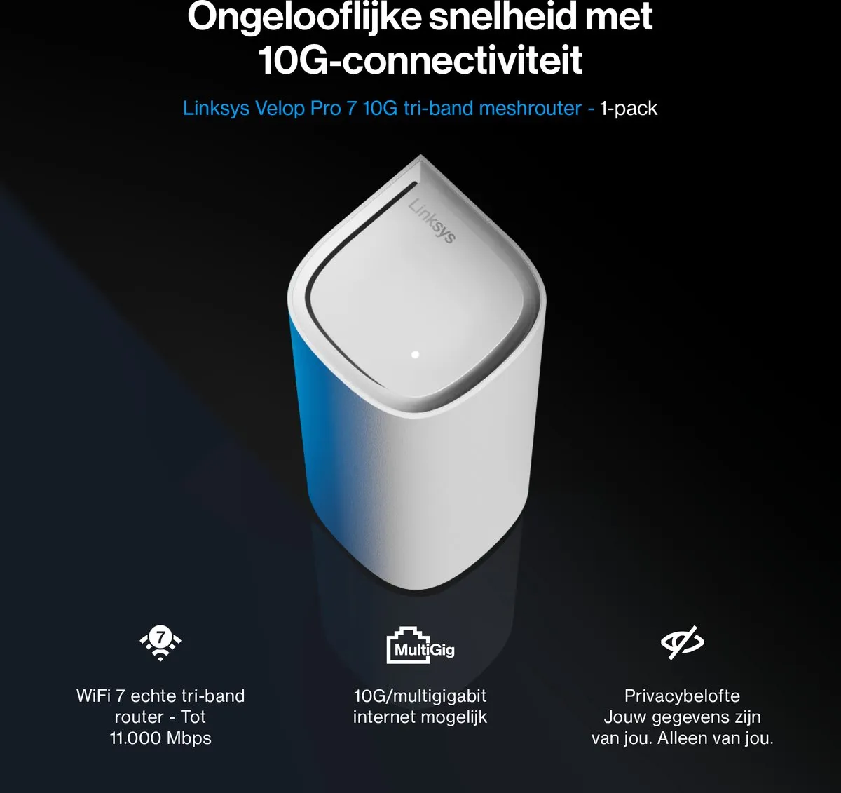 Linksys Velop Pro 7 10G - Mesh WiFi - Tri-Band - WiFi 7 Router - 11000 Mbps - 1-Pack - Wit