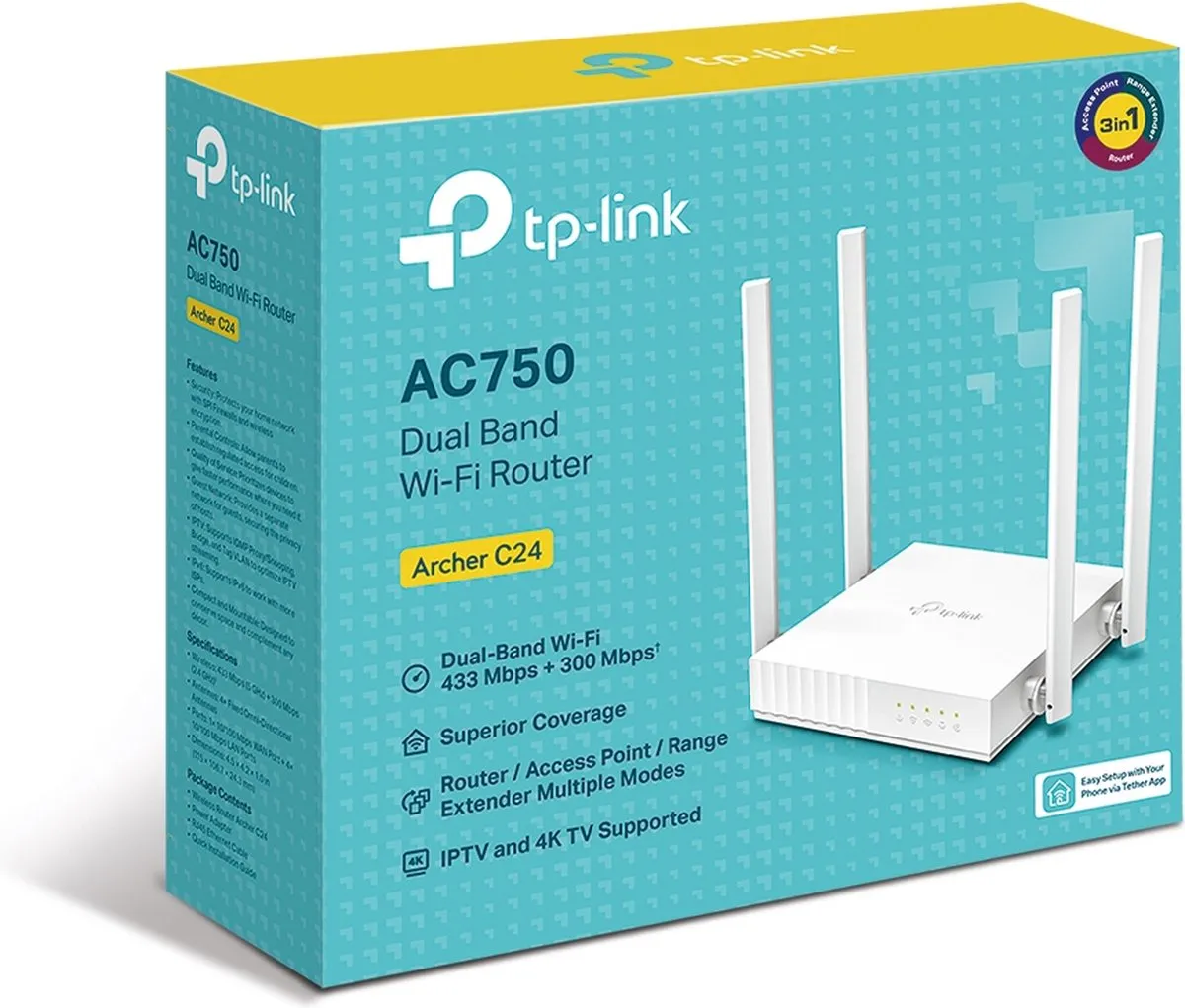 TP-Link Archer C24 Router - WiFi 5 Dual-Band 750 Mbps