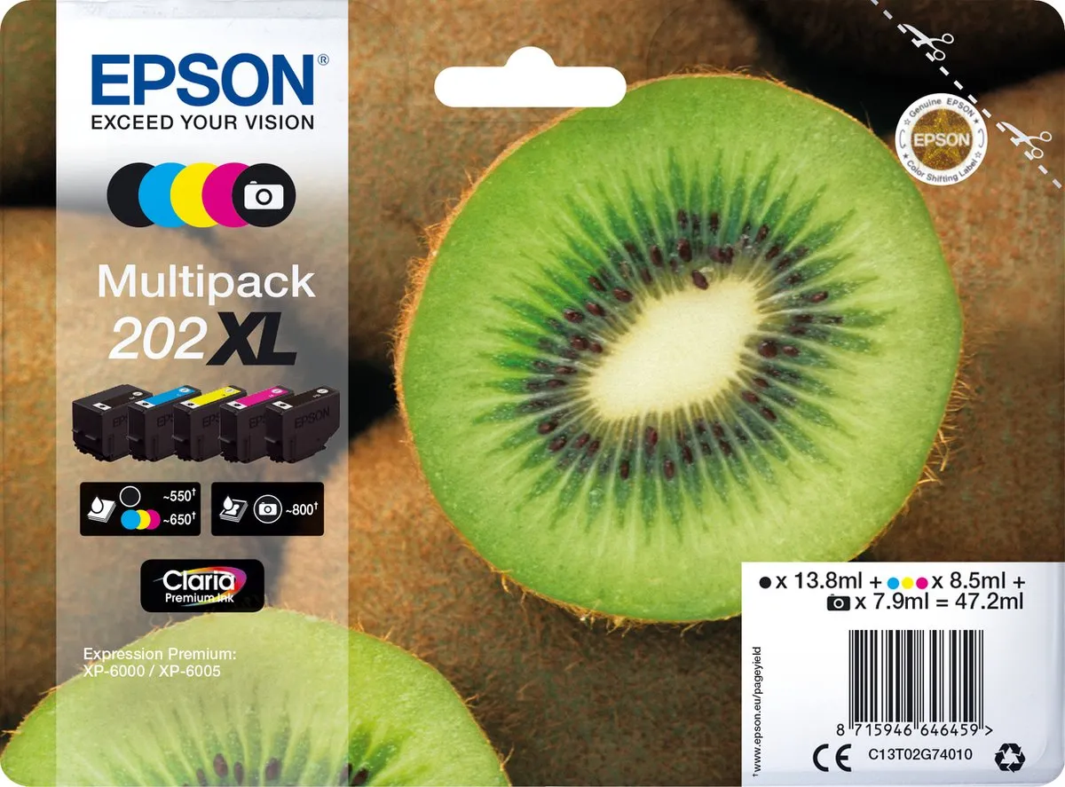 Epson Kiwi Multipack Claria Premium Ink 202XL - 5 Kleuren 47.2ml