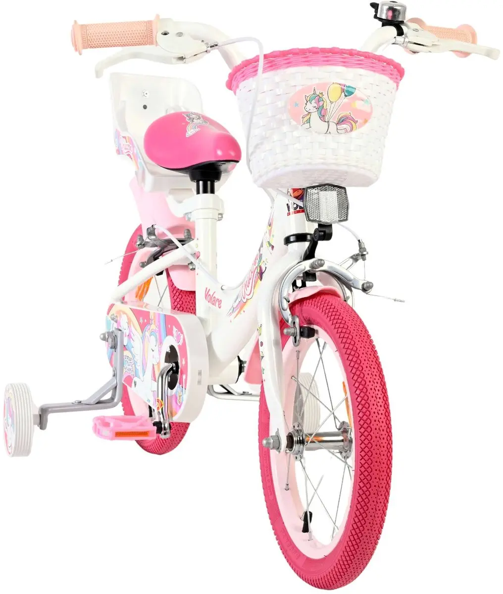 Volare Unicorn Kinderfiets 14" - Meisjes - Wit - Twee Handremmen
