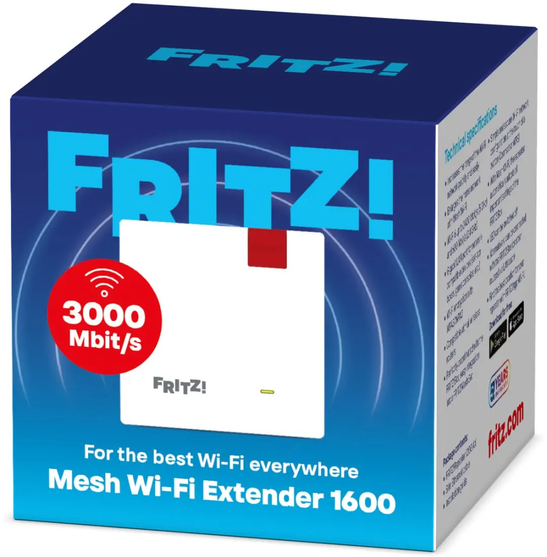 FRITZ! Repeater 1600 Mesh Wi-Fi Extender - Wi-Fi 6 - 3000 Mbit/s - Wit