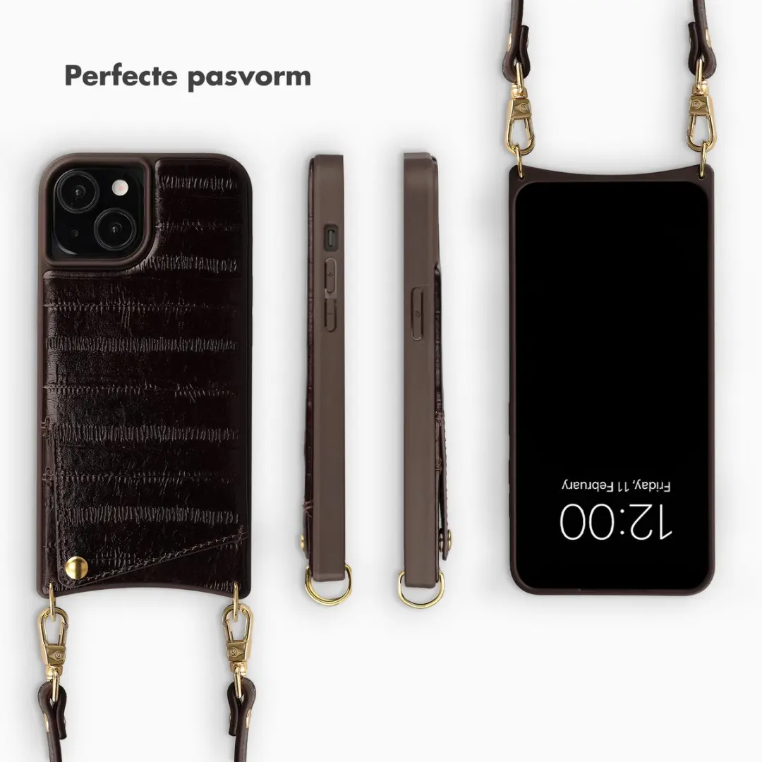 Selencia iPhone 15 Hoesje - Donkerbruin Leder - 2 Pasjes