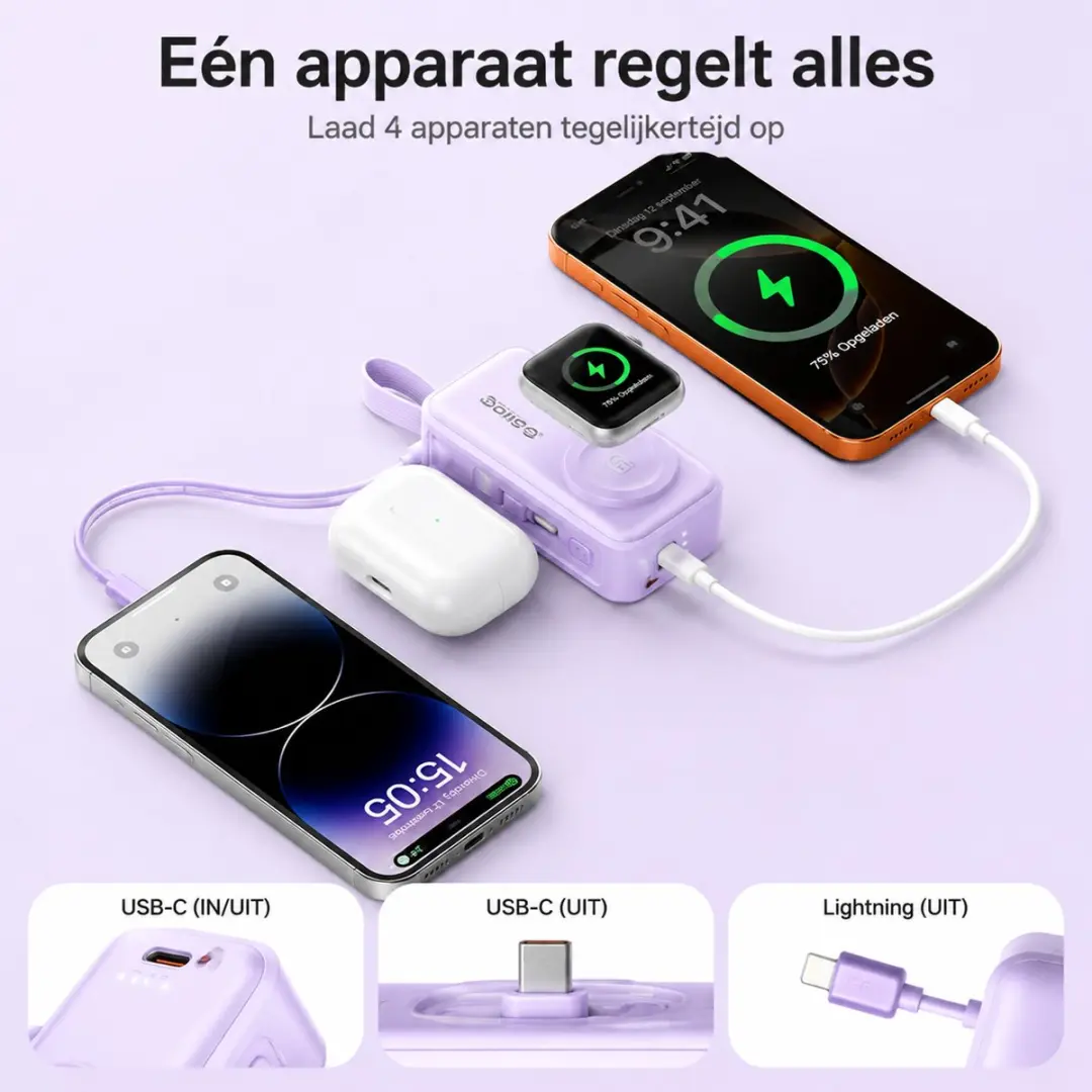 ORICO S18 Mini Powerbank 5000mAh - 22.5W PD - Paars - afbeelding 6 van 6