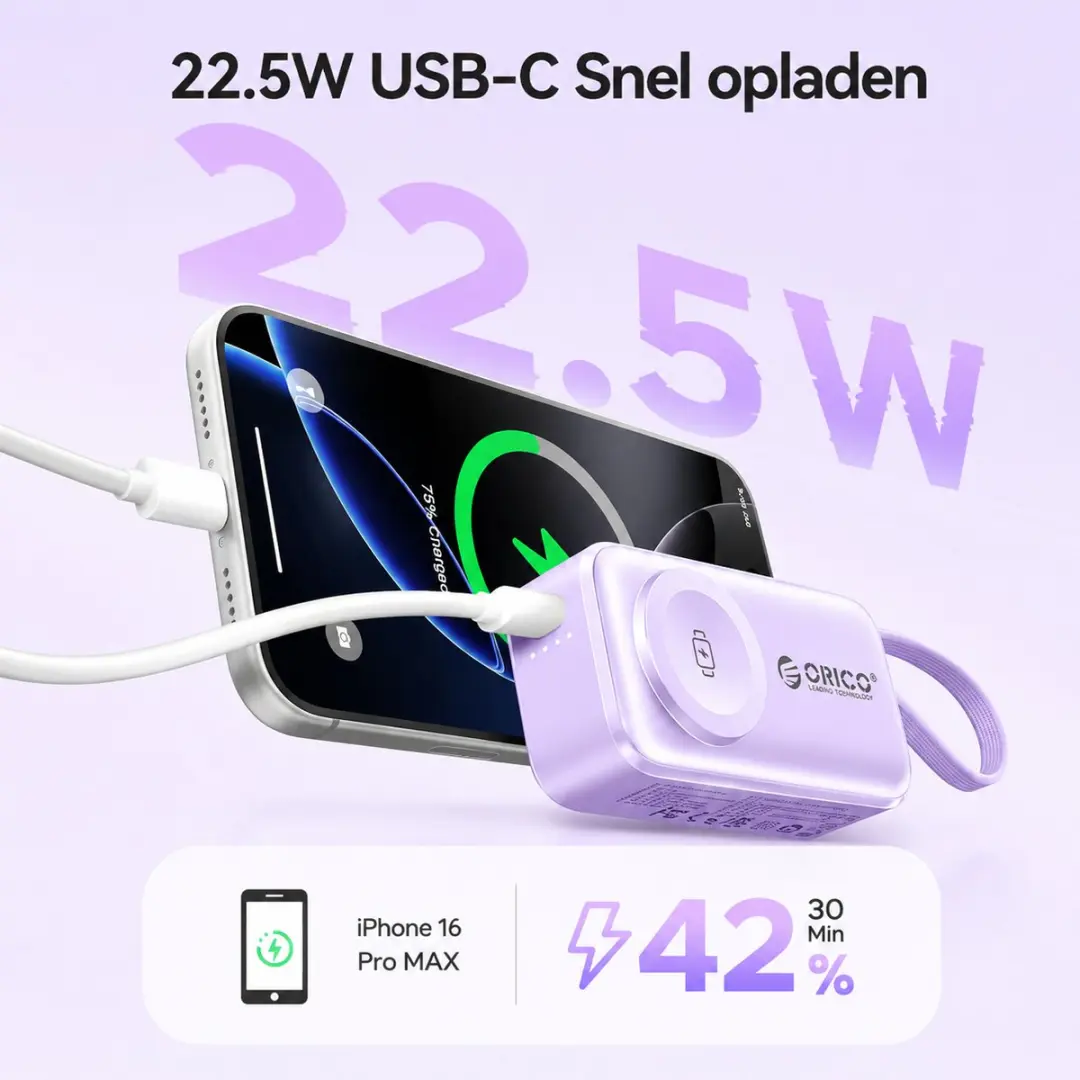 ORICO S18 Mini Powerbank 5000mAh - 22.5W PD - Paars - afbeelding 2 van 6