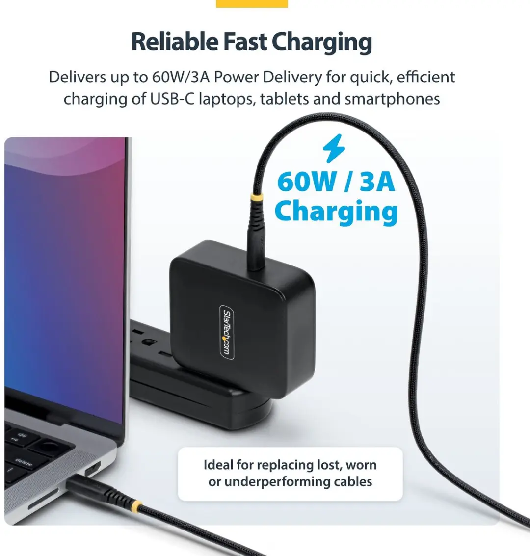 Startech USB2CC1MNCBR USB-C Laadkabel 60W - Zwart - afbeelding 3 van 6