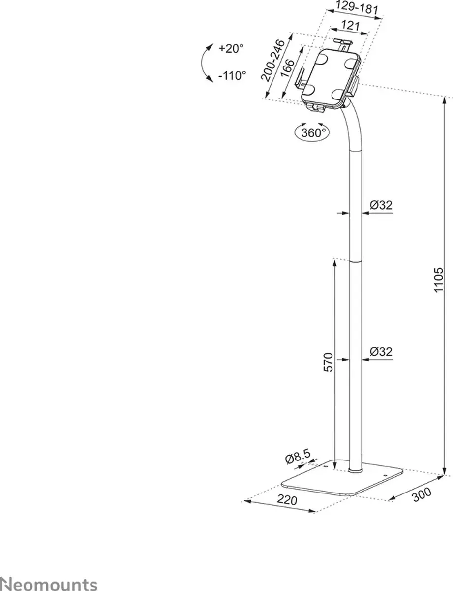 Neomounts FL15-625BL1 Kantel- en roteerbare tabletvloersteun 7,9-11" - Zwart